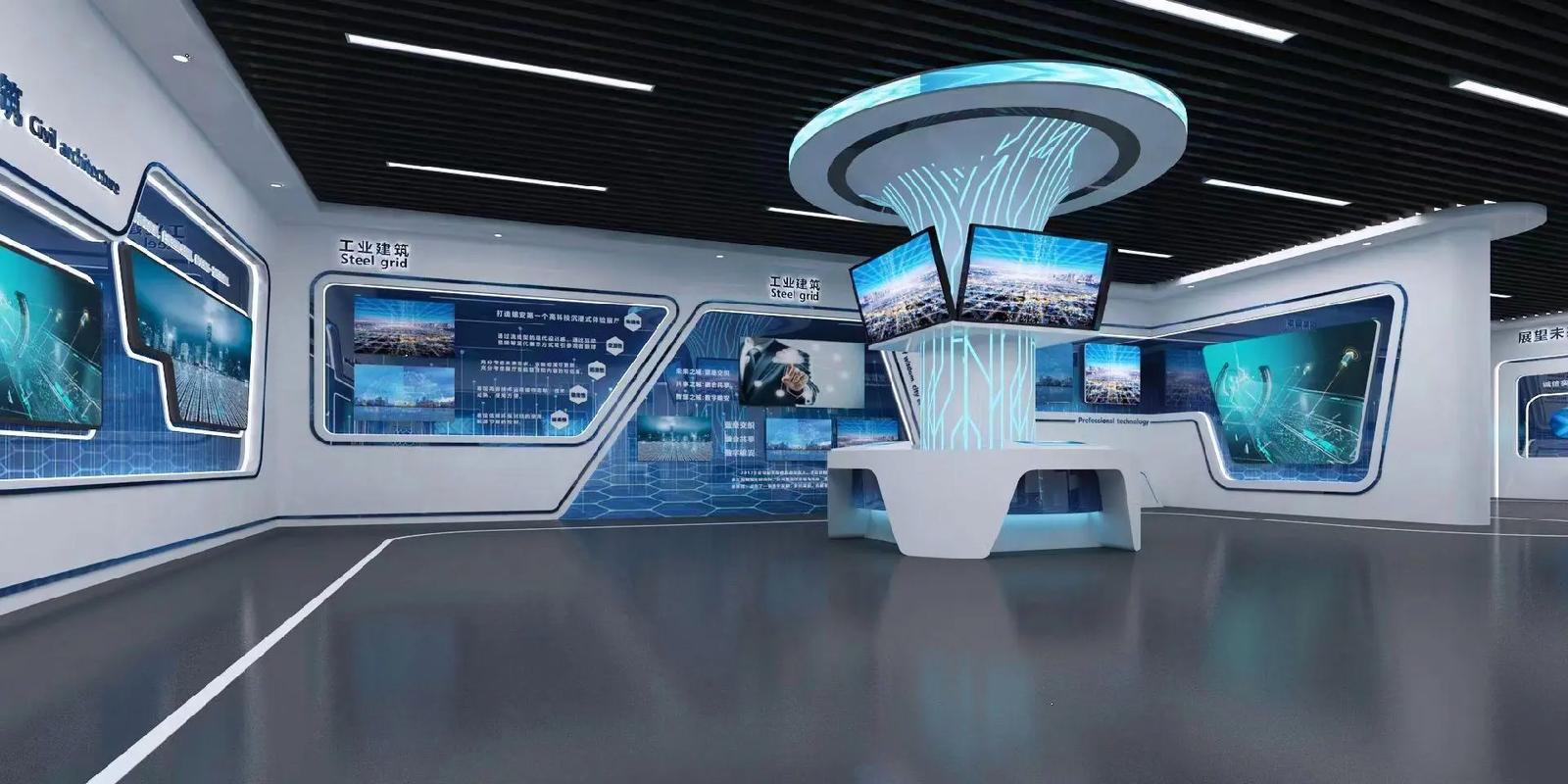企業(yè)科技展廳設(shè)計(jì)案例 經(jīng)典藍(lán)白配色與多媒體展項(xiàng)的融合